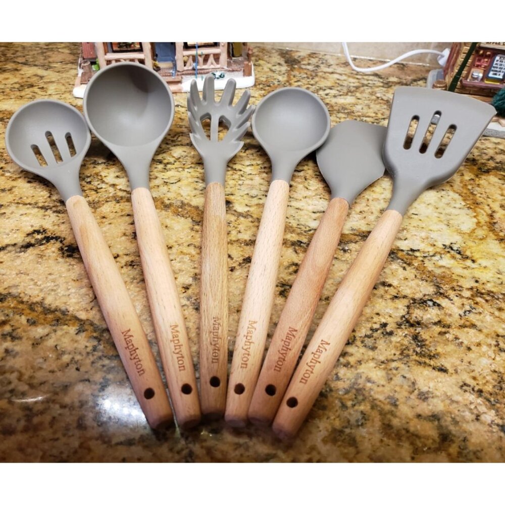 6 PCS with Wooden Handle for Non-Sticker Cookware Heat-Resistant